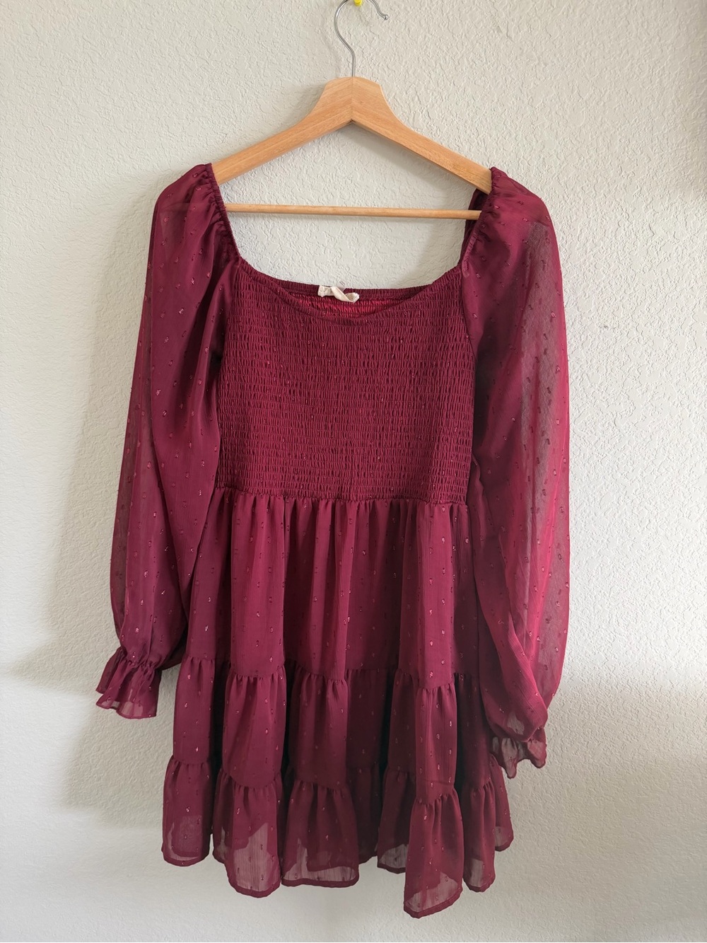 Altar'd State Burgundy Long Sleeve Smocked Tiered Dress